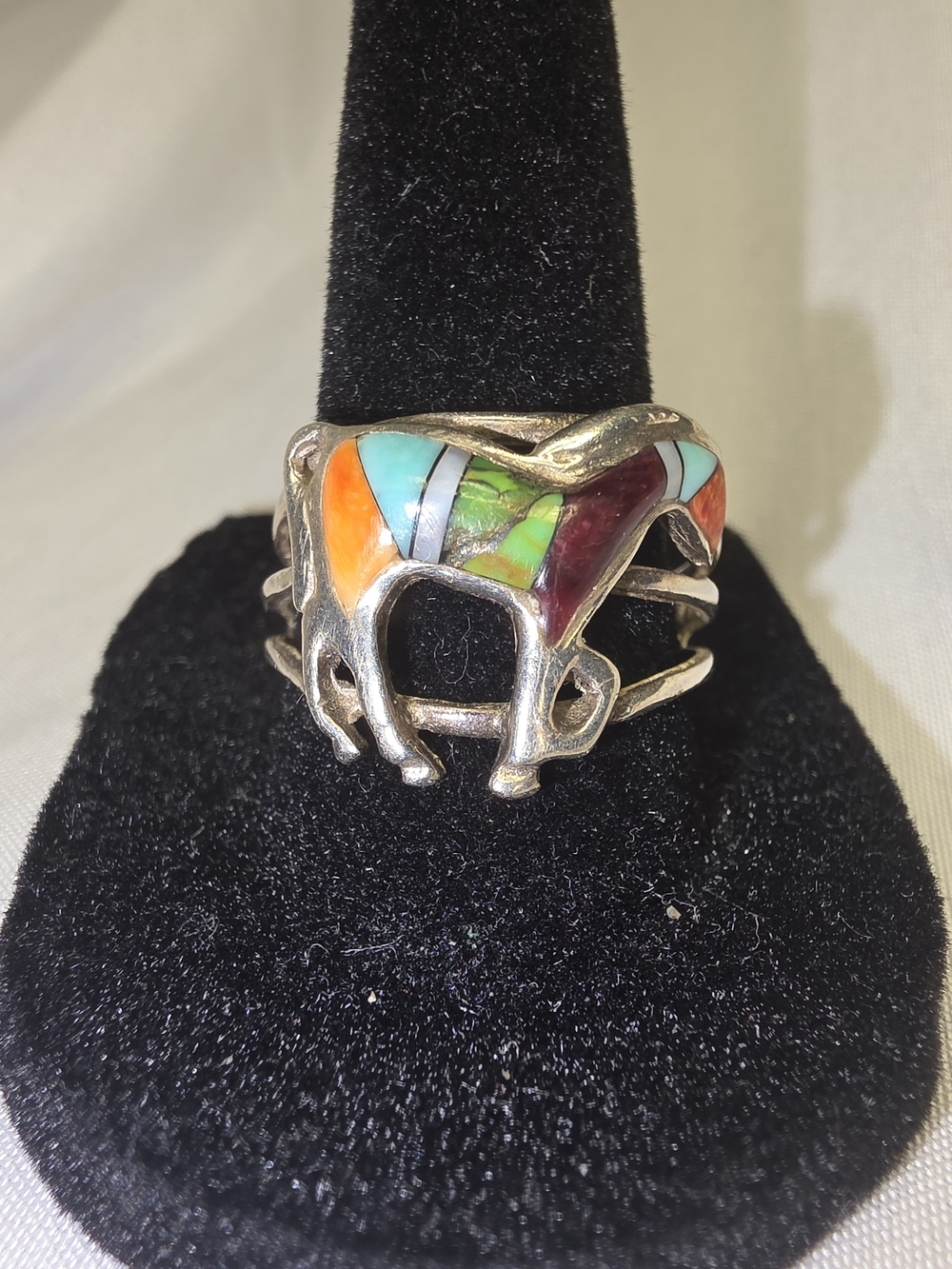 Vintage, Southwestern,Sterling Silver Multi-Color Inlay Horse Ring, Size 9.5